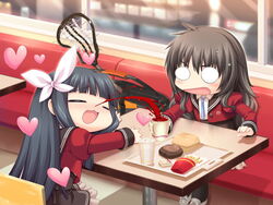  2girls =_= alpha_(yukai_na_nakamatachi) asami_asami bag black_hair blood blush chibi food game_cg hairband hayakawa_yuriko heart mikadozaki_kaede multiple_girls nosebleed o_o school_uniform w.l.o_sekai_ren&#039;ai_kikou 