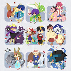  4girls 6+boys backwards_hat ball bugsy_(pokemon) cane chikorita chuck_(pokemon) clair_(pokemon) clefairy commentary_request cyndaquil dewgong dragonair ethan_(pokemon) everyone falkner_(pokemon) gastly gengar gyarados hat hat_ribbon haunter holding holding_ball holding_poke_ball jasmine_(pokemon) juukyuu_mame kakuna kingdra lyra_(pokemon) magnemite metapod miltank morty_(pokemon) multiple_boys multiple_girls old old_man photoshop_(medium) pidgeot pidgeotto piloswine poke_ball poke_ball_(basic) pokemon pokemon_(creature) pokemon_hgss poliwrath primeape pryce_(pokemon) red_ribbon ribbon scyther seel steelix totodile two_side_up udder whitney_(pokemon) 