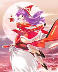  aircraft ass bad_id bad_pixiv_id bare_shoulders broom broom_riding christmas commentary_request f-4_phantom_ii female hat juusensha_koubou long_hair mc_axis mecha_musume mechanical_broom personification photoshop_(medium) purple_eyes purple_hair solo the_spook thighhighs unconventional_broom witch witch_hat 