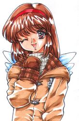  brown_hair brown_mittens commentary_request female hairband kanon long_hair mittens one_eye_closed red_eyes retro_artstyle solo tsukimiya_ayu urabe_katsuto wings 