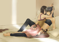  2girls 428:_fuusa_sareta_shibuya_de alphard_(canaan) ass_grab bad_id bad_pixiv_id barefoot bed black_eyes black_hair brown_hair canaan_(series) couple crop_top fingerless_gloves gloves hand_in_own_hair kurioneko liang_qi midriff multiple_girls navel nightgown on_bed pillow short_hair single_thighhigh tattoo thighhighs yuri 