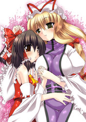  2girls breasts commentary_request gonzaburo hakurei_reimu half_updo hat large_breasts multiple_girls photoshop_(medium) ribbon touhou yakumo_yukari yuri 