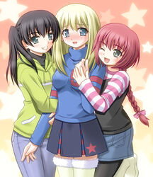  3girls ;d arm_hug bad_id bad_pixiv_id black_hair blonde_hair blue_eyes braid darker_than_black girl_sandwich green_eyes hood hoodie hug multiple_girls one_eye_closed open_mouth pantyhose photoshop_(medium) pleated_skirt red_hair sandwiched sascha_(darker_than_black) shiumai skirt smile star_(symbol) suou_pavlichenko tanya_(darker_than_black) thighhighs twintails zettai_ryouiki 