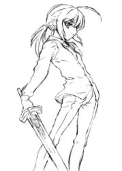  ahoge artoria_pendragon_(fate) commentary_request fate/zero fate_(series) female flat_chest formal greyscale monochrome pant_suit pants ponytail saber_(fate) solo suit sword urabe_katsuto weapon 