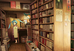  ahoge animal_ears apron blue_hair book bookshelf bookstore commentary_request copyright_request female highres indoors light poster_(object) rabbit_ears red_eyes shop sign slippers smile solo tottori 