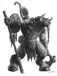  absurdres armor axe braid greyscale highres horns hunter_(warcraft) monochrome no_humans samwise_didier shield tauren_(warcraft) warcraft weapon 