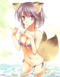  animal_ears bikini female fox_(trickster) fox_ears fox_tail glasses mofmof_(sousa) multiple_tails navel side-tie_bikini_bottom solo swimsuit tail trickster_(ntreev_soft) water 