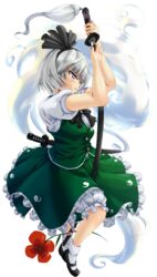  absurdres between_legs bloomers blue_eyes commentary_request female flower full_body ghost grey_hair hair_ribbon highres hiroaki_(hiropon_pj) katana konpaku_youmu konpaku_youmu_(ghost) ribbon sheath short_hair solo sword touhou transparent_background underwear unsheathing weapon 