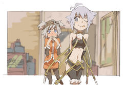  2girls ahoge black_legwear blackalpha blush contrapposto hair_through_headwear midriff multiple_girls navel nose_blush pantyhose pratty scared short_hair silver_hair standing stomach sugarette summon_night summon_night:_swordcraft_story 