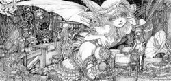  6+girls album_cover cirno cover flandre_scarlet giant giantess greyscale hong_meiling izayoi_sakuya katzeh monochrome multiple_girls nude patchouli_knowledge photoshop_(medium) remilia_scarlet touhou 