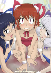  3girls akashi_kaoru all_fours animal_ears bare_legs barefoot blue_hair blue_leotard blush brown_hair cat_ears cat_tail commentary_request flat_chest glasses kittysuit kneeling leotard lolicon long_hair multiple_girls naughty_face nogami_aoi nontraditional_playboy_bunny oerba_yun_fang paw_pose photoshop_(medium) red_leotard sannomiya_shiho tail the_children thighhighs white_thighhighs yam_(nekobeya) zettai_karen_children 