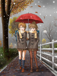  2girls :d ^_^ breath brown_hair closed_eyes coat commentary_request day fujimoto_atsuko gloves hand_in_pocket kneehighs legs lielos multiple_girls open_mouth original outdoors pantyhose path poniko_(lielos) ponytail road scarf school_uniform shared_clothes shared_scarf shared_umbrella short_hair skirt smile snowing socks toggles umbrella walking 