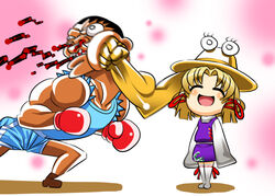  1boy bad_id bad_pixiv_id balrog_(street_fighter) battle blood boxing_gloves chibi crossover duel face_punch female ginnyo hat in_the_face living_clothes mixed_gender_duel moriya_suwako photoshop_(medium) punching pyonta smile street_fighter touhou 