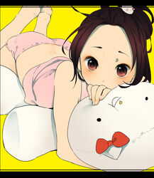  1boy axis_powers_hetalia bad_id bad_pixiv_id barefoot brown_eyes brown_hair china_(hetalia) crossdressing etomai foreshortening hands long_hair male_focus otoko_no_ko shinatty-chan solo stuffed_animal stuffed_toy 