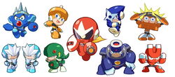  6+boys break_man chibi clone duplicate gemini_man hard_man kin_niku magnet_man male_focus mega_man_(classic) mega_man_(series) mega_man_3 multiple_boys needle_man proto_man robot shadow_man_(mega_man) siblings simple_background snake_man source_request spark_man top_man twins white_background 