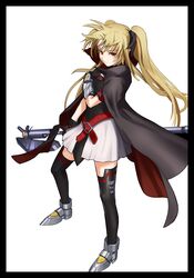  arm_belt armored_gloves armored_shoes bad_id bad_pixiv_id bardiche_(assault_form)_(nanoha) bardiche_(nanoha) black_border black_thighhighs blonde_hair border cape chirigami-san fate_testarossa fate_testarossa_(lightning_form) female long_hair lyrical_nanoha mahou_shoujo_lyrical_nanoha red_eyes solo staff thighhighs twintails two-sided_cape two-sided_fabric 