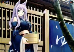  animal_ears bathhouse blue_kimono breasts bucket carrying detached_sleeves female fox_ears green_eyes huge_breasts japanese_clothes kimono momoyama_tsutsune original petals poco_(asahi_age) purple_hair solo 