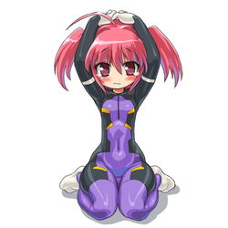  ahoge bad_id bad_pixiv_id blush bodysuit busou_shinki dd_(ijigendd) eukrante female flat_chest hands hands_on_own_head kneeling navel pink_eyes pink_hair purple_bodysuit seiza simple_background sitting solo tears twintails wariza 