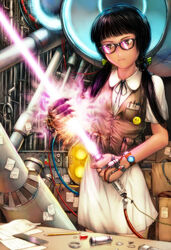  black_hair brown_eyes commentary_request energy_sword female glasses lightsaber long_hair original pocket_protector s_zenith_lee solo sword twintails walmart watchmen weapon 