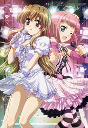  2girls absurdres blue_eyes blush breasts brown_eyes brown_hair cleavage detached_sleeves dress gloves hat headband highres himemiya_milan imageboard_desourced ishikawa_masakazu lolita_fashion long_hair medium_breasts megami_magazine microphone multiple_girls nogizaka_haruka nogizaka_haruka_no_himitsu non-web_source official_art one_eye_closed open_mouth panties pantyhose pantyshot pink_hair pink_panties short_hair striped_clothes striped_pantyhose thighhighs underwear very_long_hair white_gloves 