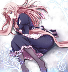  axis_powers_hetalia bad_id bad_pixiv_id belarus_(hetalia) blue_eyes dress female gloves long_hair lying on_side pantyhose pink_hair sasano_shiki scarf solo striped 