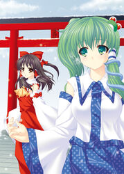  2girls bow brown_hair commentary_request detached_sleeves frog green_eyes green_hair hair_ornament hairbow hakurei_reimu japanese_clothes katagiri_chisato kochiya_sanae long_hair multiple_girls ribbon snake torii touhou 