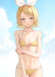  absurdres asymmetrical_bangs bare_shoulders bikini blonde_hair blue_eyes blush bow bow_bikini breasts cloud cloudy_sky collarbone cowboy_shot day female groin hair_ornament hairbow hairclip hand_on_own_arm highres hisui_ame kagamine_rin looking_at_viewer medium_hair navel number_tattoo open_mouth outdoors pink_lips shoulder_tattoo skindentation sky small_breasts solo standing straight_hair striped_bikini striped_clothes swept_bangs swimsuit tattoo vertical-striped_bikini vertical-striped_clothes vocaloid white_bow yellow_bikini 