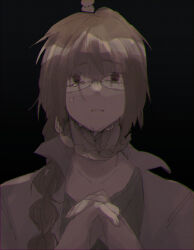  1boy black_background braid brown_eyes brown_hair chromatic_aberration commentary_request crying crying_with_eyes_open film_grain glasses green_shirt grey_jacket hanged harada_kazaru interlocked_fingers jacket male_focus noose open_clothes open_jacket own_hands_together saibou_shinkyoku saitou_(f_ly_14735) shirt side_braid simple_background single_braid solo tears 