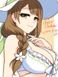  bikini braid braided_ponytail breasts brown_eyes brown_hair dated female fire_emblem fire_emblem_engage fire_emblem_heroes goldmary_(fire_emblem) goldmary_(summer)_(fire_emblem) happy_birthday hat highres large_breasts looking_at_viewer mole mole_on_breast official_alternate_costume smile solo sun_hat swimsuit upper_body yuki_cryp_a 