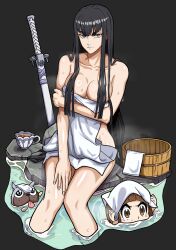  absurdres annoyed bare_legs bare_shoulders black_hair breasts bucket canine collarbone cup hair_between_eyes highres holding holding_towel kill_la_kill kiryuuin_satsuki large_breasts long_hair mankanshoku_mako medium_breasts mikey_pie onsen serious sitting steam sword teacup towel weapon wooden_bucket 