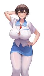  arm_behind_head blue_skirt breasts brown_eyes brown_hair button_gap cleavage closed_mouth collared_shirt commission cowboy_shot feet_out_of_frame female hair_between_eyes hand_on_own_hip highres huge_breasts looking_at_viewer lud mole original pantyhose pencil_skirt school_uniform shirt short_hair short_sleeves simple_background skirt smile solo straight-on thighs whistle whistle_around_neck white_background white_hair white_pantyhose white_shirt 