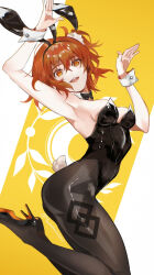  animal_ears arms_up black_pantyhose breasts chaldea_logo choppy_bangs detached_collar fate/grand_order fate_(series) female floating_hair fujimaru_ritsuka_(female) hair_between_eyes hanako_(onikutabetaiyo) high_heels jumping medium_breasts narrow_waist orange_eyes orange_hair out_of_frame pantyhose playboy_bunny rabbit_ears rabbit_tail solo tail type-moon wrist_cuffs 