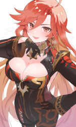  ahoge biker_clothes bikesuit black_bikesuit blush bodysuit breasts cleavage earrings enipa_28 female genshin_impact hand_on_own_hip highres jewelry large_breasts long_hair looking_at_viewer mavuika_(genshin_impact) multicolored_hair open_mouth orange_eyes orange_hair red_hair simple_background smile solo sun_earrings sweat two-tone_eyes two-tone_hair very_long_hair white_background 