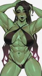  abs armpits arms_behind_head bikini black_bikini black_hair black_lips blush breasts colored_skin earrings english_commentary female female_orc green_skin highres jewelry large_breasts long_eyelashes long_hair looking_at_viewer multi-strapped_bikini_bottom muscular muscular_female navel orc original pointy_ears red_eyes shiny_skin simple_background single_earring sling_bikini_top smile solo swimsuit tusks ykshelter 