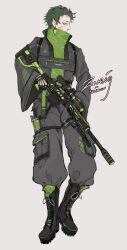  1boy alternate_costume black_footwear black_jacket black_pants boots character_name dreyfus_zweig earrings full_body green_eyes green_hair grey_background gun high_collar holding holding_gun holding_weapon jacket jewelry long_sleeves male_focus meniusa_lau pants rifle saibou_shinkyoku sanpaku scar scar_on_cheek scar_on_face short_hair simple_background sniper_rifle solo weapon wide_sleeves 