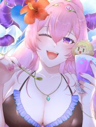  ;d bikini black_bikini breasts character-themed_food cleavage collarbone eyelashes female fire_emblem fire_emblem_heroes flower food goat_horns hair_between_eyes hair_flower hair_ornament highres holding holding_food holding_ice_cream holding_spoon horns ice_cream jewelry large_breasts long_hair looking_at_viewer mochinyanta necklace nerthuz_(fire_emblem) nerthuz_(summer)_(fire_emblem) official_alternate_costume one_eye_closed open_mouth pink_hair pink_nails purple_eyes sharena_(fire_emblem) smile solo spoon swimsuit teeth upper_body upper_teeth_only wet 