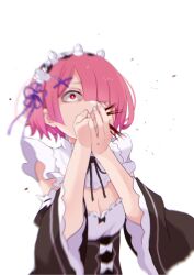  blood blurry breasts cleavage commentary_request constricted_pupils covering_face detached_sleeves female hair_ornament hair_over_one_eye hands_up head_wreath highres maid medium_breasts nosebleed pink_hair purple_ribbon ram_(re:zero) re:zero_kara_hajimeru_isekai_seikatsu red_eyes ribbon roswaal_mansion_maid_uniform short_hair simple_background solo standing upper_body white_background x_hair_ornament yasehattagi 