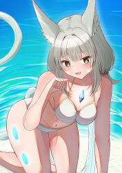  :3 absurdres all_fours animal_ears bikini breasts cat_ears cat_tail chest_jewel cleavage eteko_(eteco30) female grey_hair highres looking_at_viewer nia_(blade)_(xenoblade) nia_(xenoblade) paw_pose smile solo swimsuit tail very_long_ears white_bikini xenoblade_chronicles_(series) xenoblade_chronicles_2 