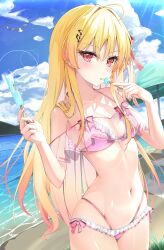  ahoge beach bikini blonde_hair blue_sky blush breasts cleavage cloud female food frilled_bikini frills hair_ornament hair_ribbon highleg highleg_bikini highres holding holding_food holding_popsicle hololive hololive_dev_is long_hair looking_at_viewer musical_note musical_note_hair_ornament nail_polish navel otonose_kanade pink_bikini popsicle red_eyes red_nails red_ribbon ribbon sinrin_uo sky small_breasts solo swimsuit virtual_youtuber water 