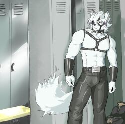  1boy abs alternate_costume animal_ears arm_guards bench black_pants black_pantyhose collar commentary cosplay english_commentary eyepatch fanteliscio furry furry_male gachimuchi highres indoors leather leather_pants leatherclub_scene_(meme) locker locker_room looking_to_the_side male_focus meme navel pants pantyhose parody parted_lips red_eyes scene_reference signature solo spiked_collar spikes standing tail van_darkholme van_darkholme_(cosplay) von_lycaon white_fur wolf_boy wolf_ears wolf_tail zenless_zone_zero 