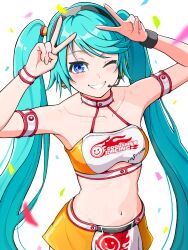  aqua_hair arm_strap arms_up blue_eyes blurry blush breasts commentary confetti depth_of_field double_v female goodsmile_racing grin halterneck hatsune_miku headphones highres long_hair looking_at_viewer midriff miniskirt navel one_eye_closed orange_skirt race_queen racing_miku racing_miku_(2010) simple_background skirt small_breasts smile solo twintails uzuki_sena v very_long_hair vocaloid white_background 