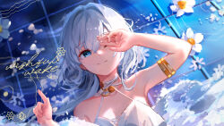  alisa_(osu!) armpits bare_shoulders blue_background blue_eyes breasts cleavage closed_mouth commentary dress english_commentary english_text female flower grey_hair hair_between_eyes hand_over_eye highres looking_at_viewer medium_breasts one_eye_closed osu! redcxca sleeveless sleeveless_dress smile solo song_name split_mouth upper_body white_dress white_flower 