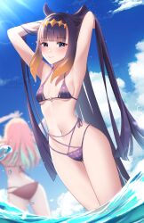  animal_ears armpits arms_up bare_arms bare_legs bare_shoulders bikini blue_eyes blunt_bangs blush breasts breasts_apart collarbone cowboy_shot dutch_angle female flipped_hair gradient_hair headpiece highleg highleg_bikini highres hololive hololive_english keipup long_hair looking_at_viewer multicolored_hair narrow_waist navel ninomae_ina&#039;nis ocean orange_hair purple_bikini purple_hair sidelocks sky small_breasts smile summer sunlight swimsuit takanashi_kiara tentacle_hair thigh_gap very_long_hair virtual_youtuber wading 