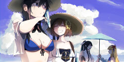  5girls bikini black_hair blonde_hair blue_bikini blue_eyes blue_sky brown_hair brown_hat closed_eyes day double_bun dress fletcher_(kancolle) fletcher_mk_ii_(swimsuit_mode)_(kancolle) flower flower_necklace front-tie_bikini_top front-tie_top hair_between_eyes hair_bun hair_flower hair_ornament hair_ribbon hat highres kantai_collection long_hair lsnsn multiple_girls official_alternate_costume open_clothes open_shirt outdoors ponytail red_flower ribbon shigure_(kancolle) shigure_kai_san_(kancolle) shigure_kai_san_(swimsuit)_(kancolle) shirayuki_(kancolle) short_hair sky smile spaghetti_strap straw_hat sun_hat sundress sunflower sunflower_hair_ornament swimsuit white_dress white_ribbon yahagi_(kancolle) yahagi_kai_ni_(kancolle) yukikaze_(kancolle) yukikaze_(summer_mode)_(kancolle) yukikaze_kai_ni_(kancolle) 