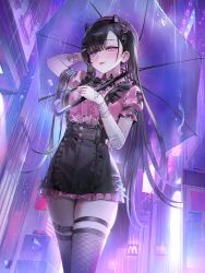  :p animal_ears black_hair black_skirt blue_eyes breasts building female fishnet_pantyhose fishnets hat highres holding holding_umbrella long_hair medium_breasts muaooooo original pantyhose pink_hat pink_shirt rain shirt skirt solo thigh_strap tongue tongue_out umbrella very_long_hair 