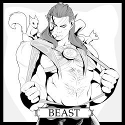  1boy animal_shoes baldur&#039;s_gate baldur&#039;s_gate_3 bara dungeons_&amp;_dragons elf greyscale hairy halsin highres kara_naja large_pectorals male_focus mature_male medium_hair monochrome muscular muscular_male pectorals pointy_ears solo squirrel standing superman_exposure tearing_clothes thick_eyebrows torn_clothes upper_body 