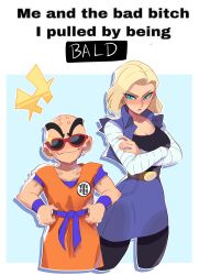  1boy absurdres android_18 bandaged_arm bandages belt black_pantyhose black_shirt blonde_hair blue_background blue_belt blue_eyes blue_shirt blue_skirt blush border breasts brown_belt cleavage collared_shirt couple crossed_arms dougi dragon_ball dragon_ball_z earrings embarrassed english_text facial_mark female forehead_mark hands_on_own_hips highres husband_and_wife jewelry kuririn me_and_the_bad_bitch_i_pulled_by_being_autistic_(meme) medium_breasts meme pantyhose pimozzarella shirt short_hair skirt sleeveless sleeveless_shirt smile sparkle straight sunglasses v-shaped_eyebrows white_border 