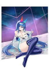  :3 absurdres alternate_costume azur_lane bare_shoulders blue-tinted_eyewear blue_eyes blue_hair boots breasts cleavage closed_mouth commentary_request dress female goggles goggles_on_head hair_between_eyes headgear high_heel_boots high_heels highres jacket large_breasts long_hair looking_at_viewer new_jersey_(azur_lane) ocean open_clothes open_jacket purple_sky short_dress sitting sky smile solo suo_bu_ye_feng thick_thighs thigh_boots thighs tinted_eyewear very_long_hair white_background white_dress white_jacket 