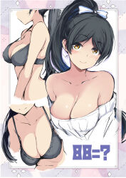  bare_shoulders black_hair blue_bow blush bow bra breasts cleavage closed_mouth collarbone commentary_request cropped_torso female gengoroh grey_bra hairbow hazuki_ren high_ponytail highres large_breasts leaning_forward long_hair looking_at_viewer love_live! love_live!_superstar!! multiple_views off-shoulder_sweater off_shoulder parted_bangs smile strap_gap sweater two-tone_bow underwear very_long_hair white_background white_bow white_sweater yellow_eyes 