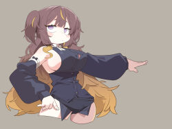  absurdres alternate_breast_size anya_melfissa anya_melfissa_(1st_costume) blonde_hair blush breasts brown_hair cocomayo29_(tomato) commentary_request cropped_legs detached_sleeves female gradient_hair hand_on_own_hip highres hololive hololive_indonesia jitome korean_commentary large_breasts long_hair long_sleeves looking_at_viewer micro_shorts multicolored_hair purple_eyes shorts sideboob simple_background solo streaked_hair two_side_up virtual_youtuber 